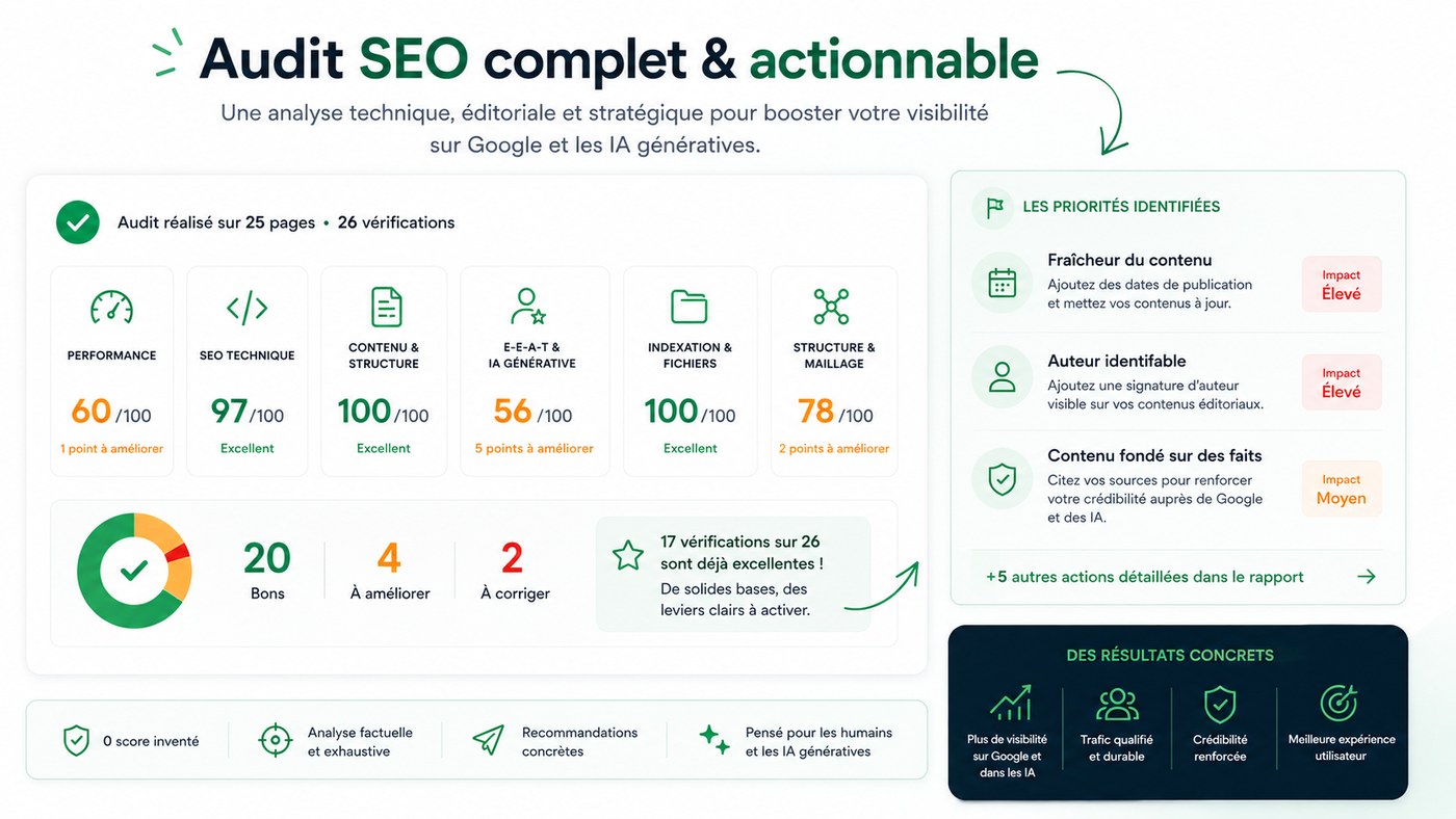 Aperçu d'un rapport d'audit SEO Seoditum : résumé par catégorie, répartition des vérifications et plan d'action priorisé