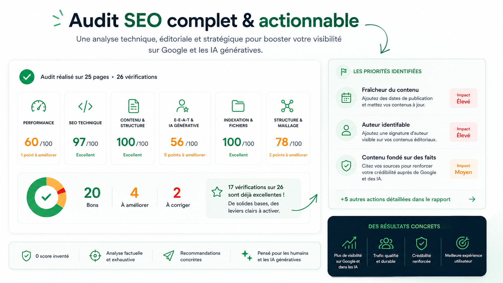 Aperçu d'un rapport d'audit SEO Seoditum : résumé par catégorie, répartition des vérifications et plan d'action priorisé